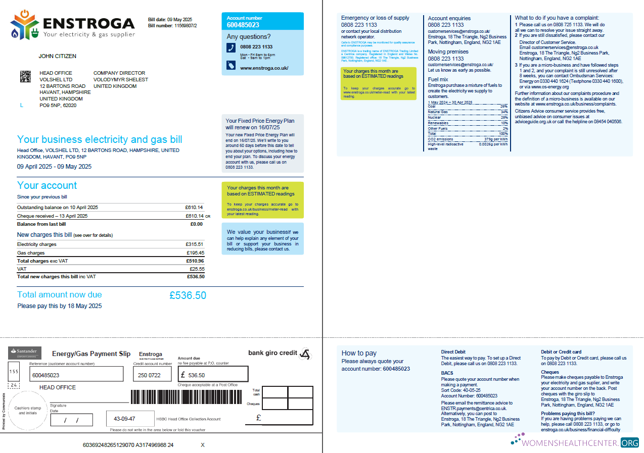 download United Kingdom Enstroga utility bill template in Word and PDF formats, 2 pages PDF template